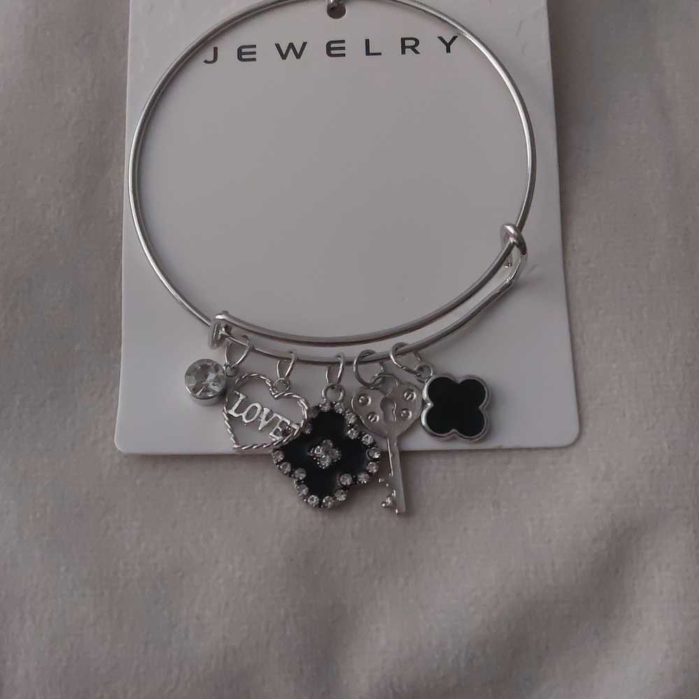 Silver Asjustable Charm Bracelet with Black Accents